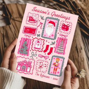 Hand Drawn coquette doodle pink christmas greeting Card