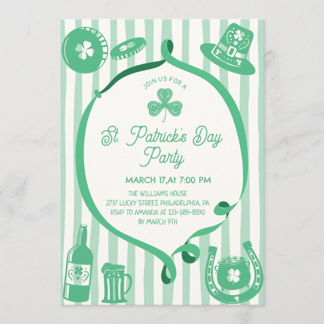 Hand Drawn Coquette Frame Stripes St Patrick's Day Invitation (Front)