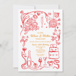 Hand Drawn Coquette Wiser and Hotter Birthday Invitation