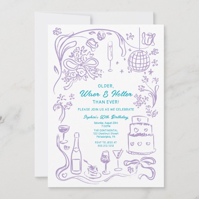 Hand Drawn Coquette Wiser and Hotter Birthday Invitation (Front)