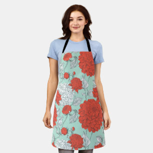 Hand Drawn Coral Flower Mint Floral Pattern Apron