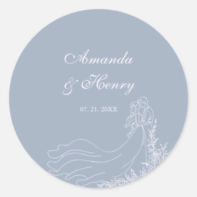 Hand Drawn Couple Dusty Blue Wedding Classic Round Sticker (Front)