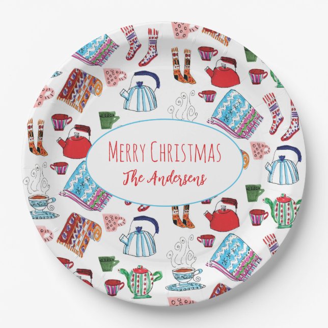 Hand-Drawn Cozy Christmas Personalized Retro   Paper Plate (Front)