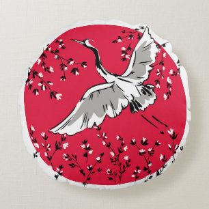 Hand drawn Crane bird, Graphic illustration bird a Round Pillow