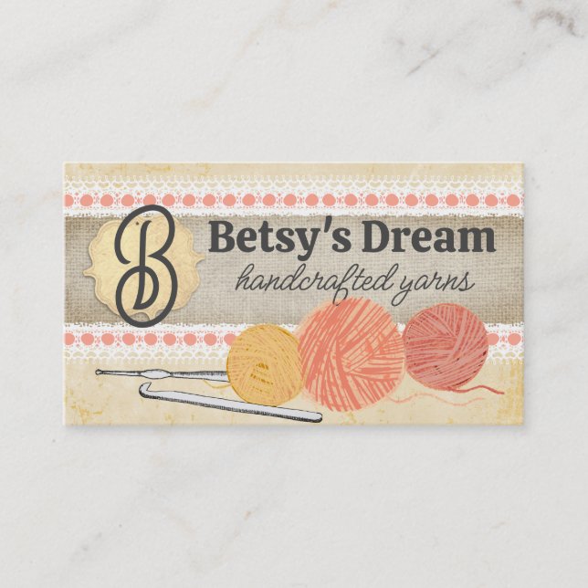Hand drawn crayon yarn crochet hooks shabby chic business card (Front)