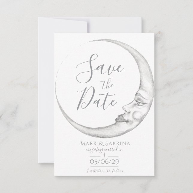 Hand Drawn Crescent Moon Save the Date Card (Front)