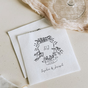 Hand Drawn Crest with Cherubs and Monogram Wedding Napkin