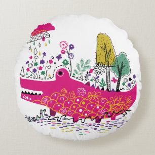 Hand Drawn Crocodile Wild Art Round Pillow