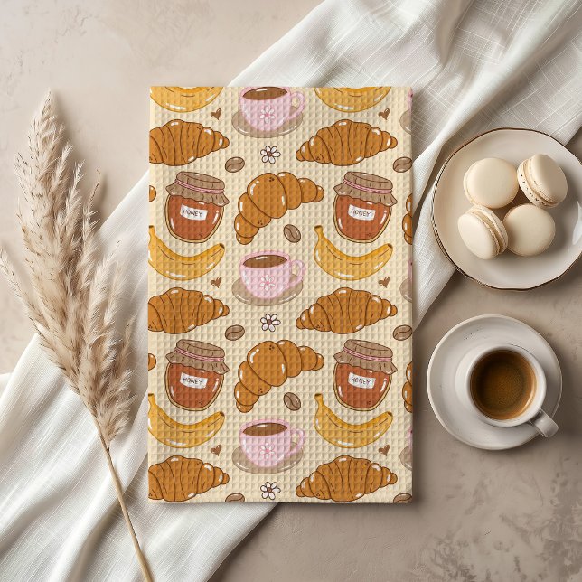 Hand-Drawn Croissant, Coffee and Breakfast Pattern Kitchen Towel (Creator Uploaded)