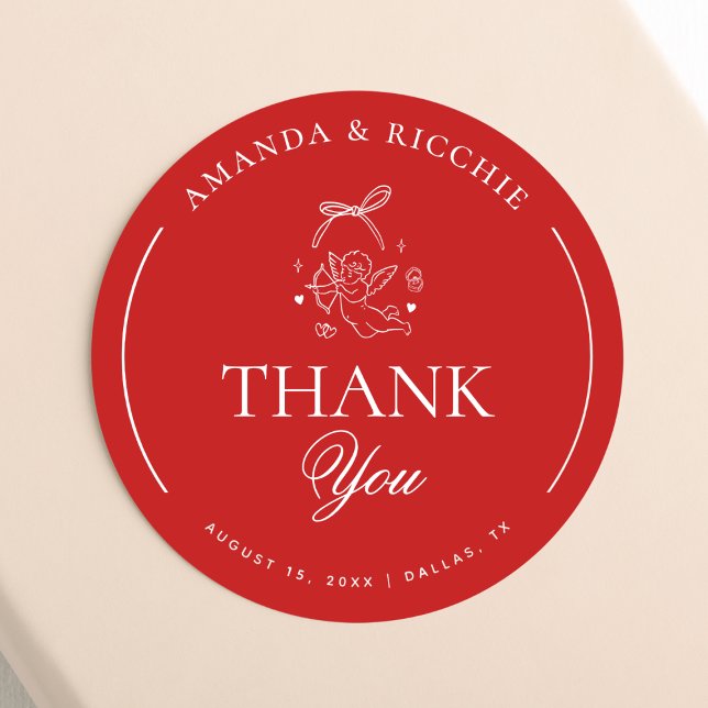 Hand Drawn Cupid Cherub Red Wedding Thank You Classic Round Sticker (Creator Uploaded)