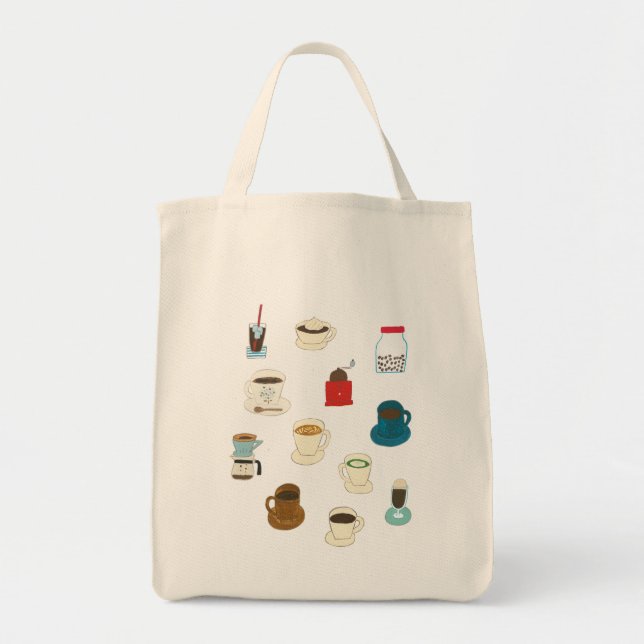Hand-drawn Cups of Coffee, Beans, & Grinders Tote Bag (Front)