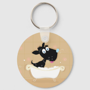 Hand drawn cute Black dog in bath Keychain
