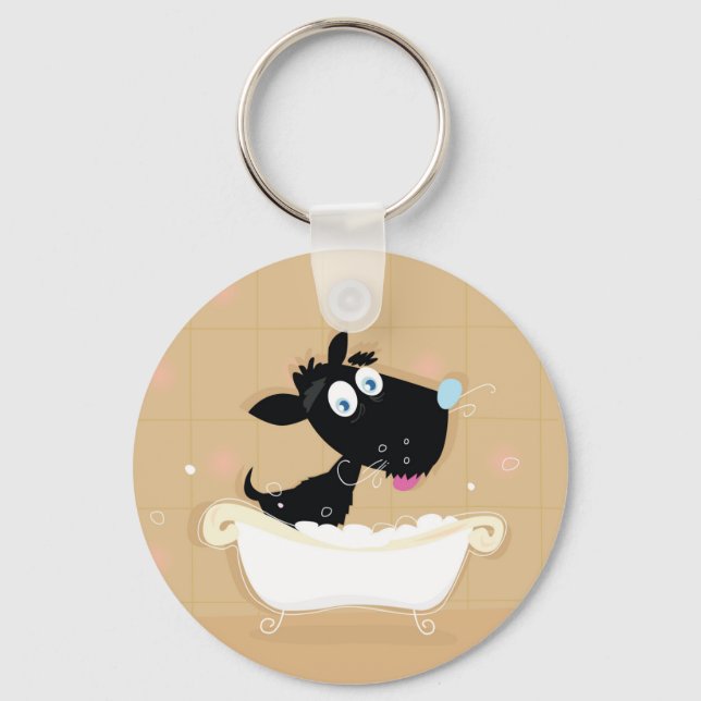 Hand drawn cute Black dog in bath Keychain (Front)