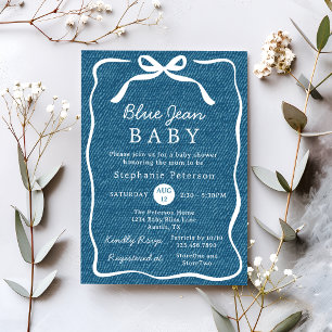 Hand Drawn Cute Bow Simple Blue Jean Baby Shower Invitation