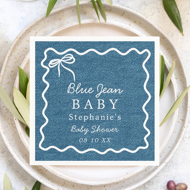 Hand Drawn Cute Bow Squiggle Blue Jean Baby Shower Napkin (Creator Uploaded)