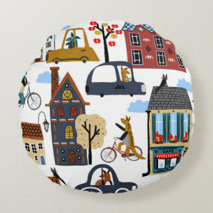 Hand drawn cute cartoon seamless pattern illustrat round pillow