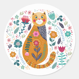 Hand drawn cute cat floral background classic round sticker