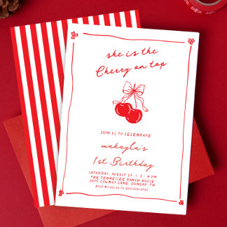 Hand Drawn Cute Cherry On Top Red 1st Birthday Invitation