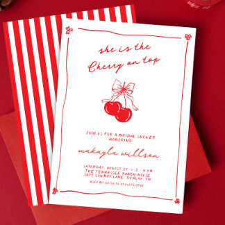 Hand Drawn Cute Cherry On Top Red Bridal Shower  Invitation