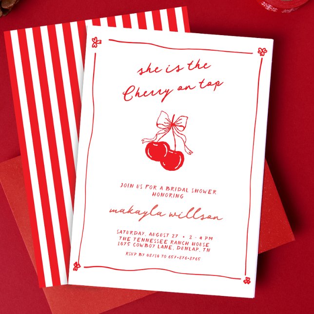 Hand Drawn Cute Cherry On Top Red Bridal Shower  Invitation (Creator Uploaded)