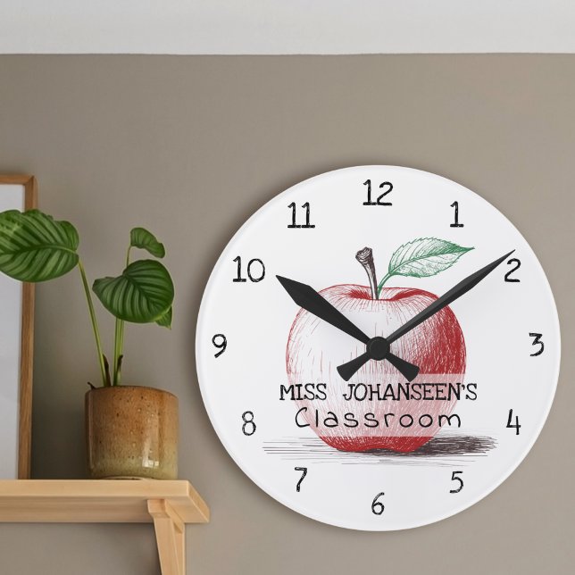 Hand Drawn Cute & Fun Red Apple Teacher Classroom Round Clock (Creator Uploaded)