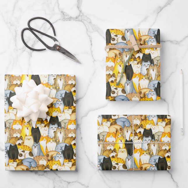 Hand Drawn Cute Kittens Pattern Pet Cats Wrapping Paper Sheet (Front)