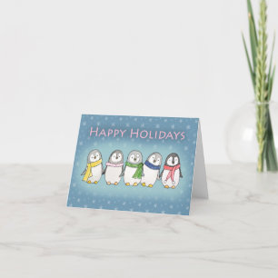 Hand Drawn Cute Penguins Unique Naïve Art Adorable Holiday Card