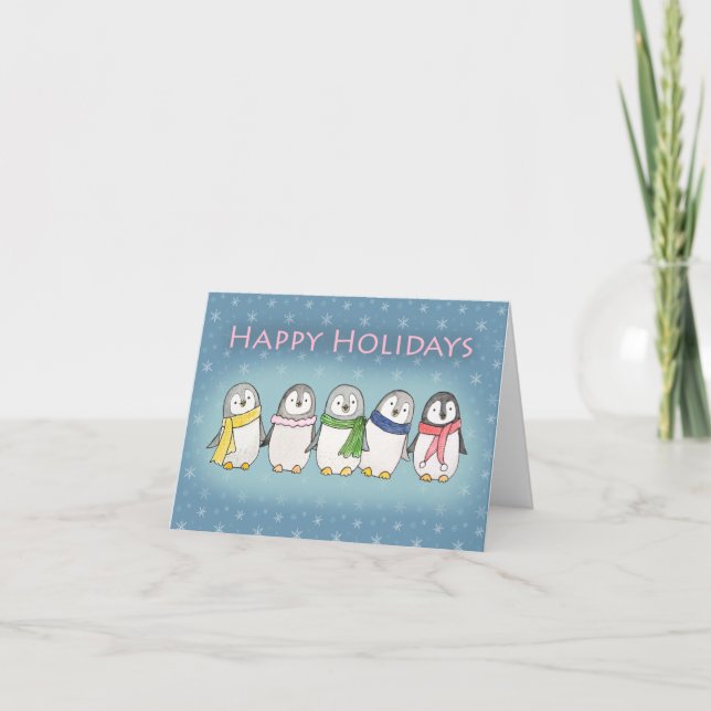 Hand Drawn Cute Penguins Unique Naïve Art Adorable Holiday Card (Front)