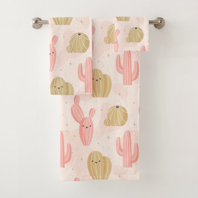hand drawn  cute pink cactus bath towel set (Insitu)