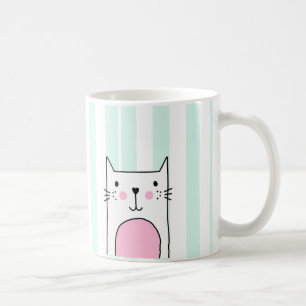 Hand Drawn Cute Pink Cat Coffee Mug - Blue Stripe