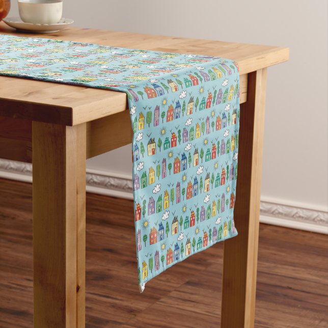 Hand Drawn Cute Whimsy Neighbourhood Table Runner (In Situ)