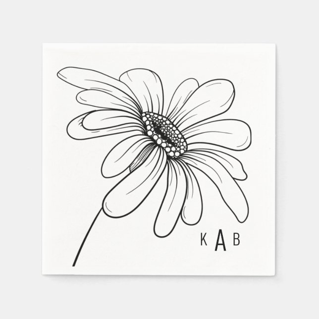 Hand-Drawn Daisy Monogram White Cocktail Napkins (Front)