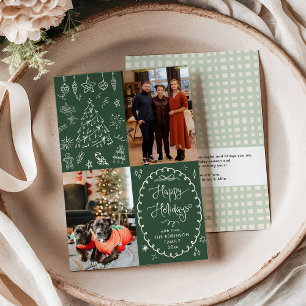Hand Drawn Dark Green Happy Holidays 2 Photo Holiday Card