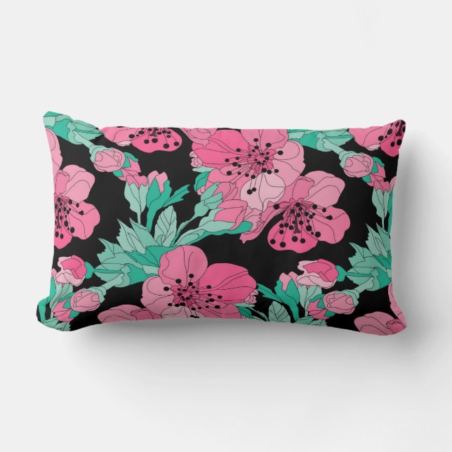 Hand Drawn Decorative Cherry Blossom Pattern Lumbar Pillow (Front)