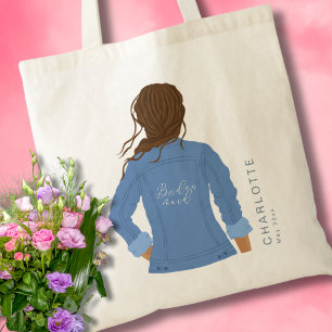 Hand Drawn Denim Jacket Brown Hair Bridesmaid Tote Bag