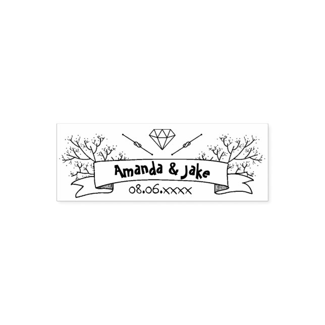 Hand drawn diamond monogram ribbon floral flowers self-inking stamp (Design)