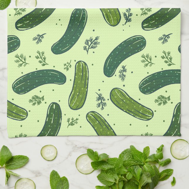 Hand Drawn Dill Pickle Pattern Kitchen Towel (Folded)