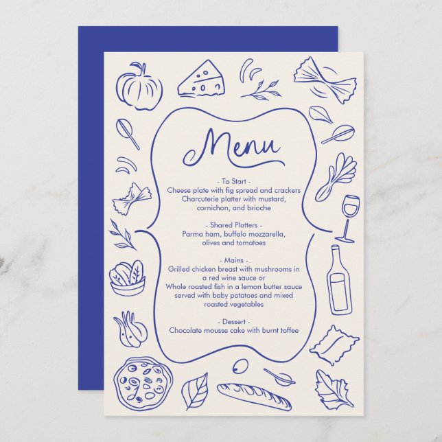 Hand Drawn Dinner Menu Italian Blue (Front/Back)