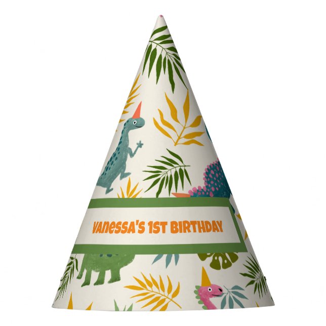 Hand-drawn Dino-mite Birthday Party Colourful Hat (Front)