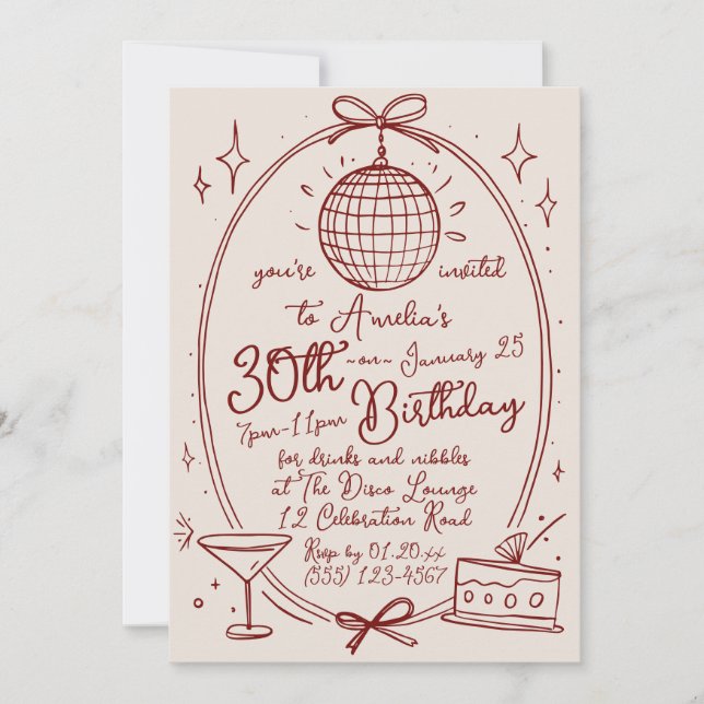 Hand Drawn Disco Ball Birthday Invitation (Front)