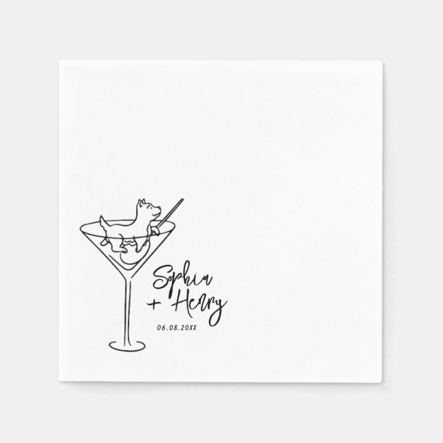 Hand Drawn Dog and Martini Whimsical Wedding  Napkin (Front)