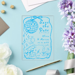 Hand Drawn Doodle Blue Wedding Save The Date Acrylic Invitations