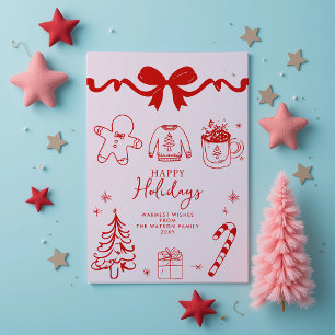 Hand Drawn Doodle Bow Red Pink Christmas  Holiday Postcard