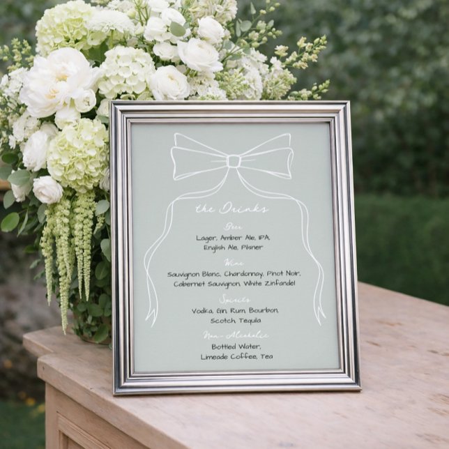 Hand Drawn Doodle Bow Sage Green Wedding Bar Poster (Creator Uploaded)