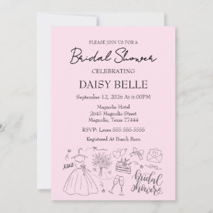 Hand Drawn Doodle Bridal Shower Pink Invitation