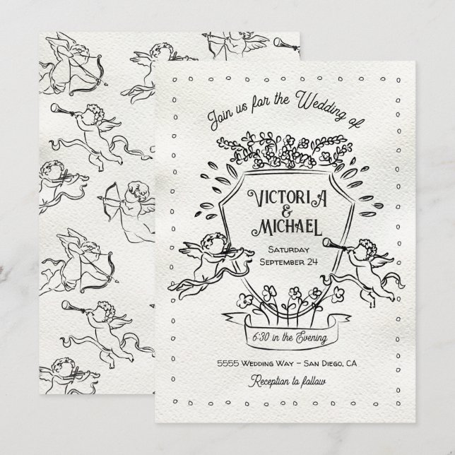Hand Drawn Doodle Cherub Cupid Crest Wedding Invitation (Front/Back)