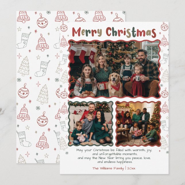 Hand Drawn Doodle Christmas 3 Photo Collage Holiday Card (Front/Back)
