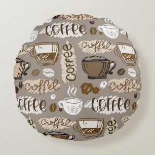 Hand drawn doodle coffee pattern background round pillow