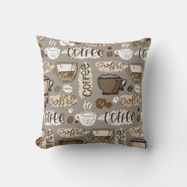 Hand drawn doodle coffee pattern background throw pillow (Front)