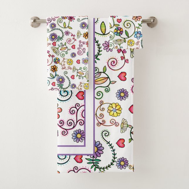 Hand Drawn Doodle Colourful Floral seamless patter Bath Towel Set (Insitu)